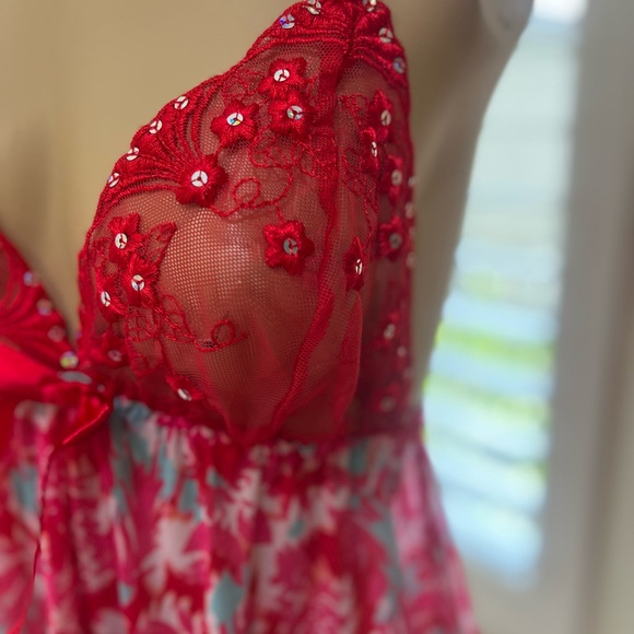 Red Floral Babydoll Sheer Adjustable Strap Slip Nineteen Sexy Sleep Dress Medium - Picture 5 of 11